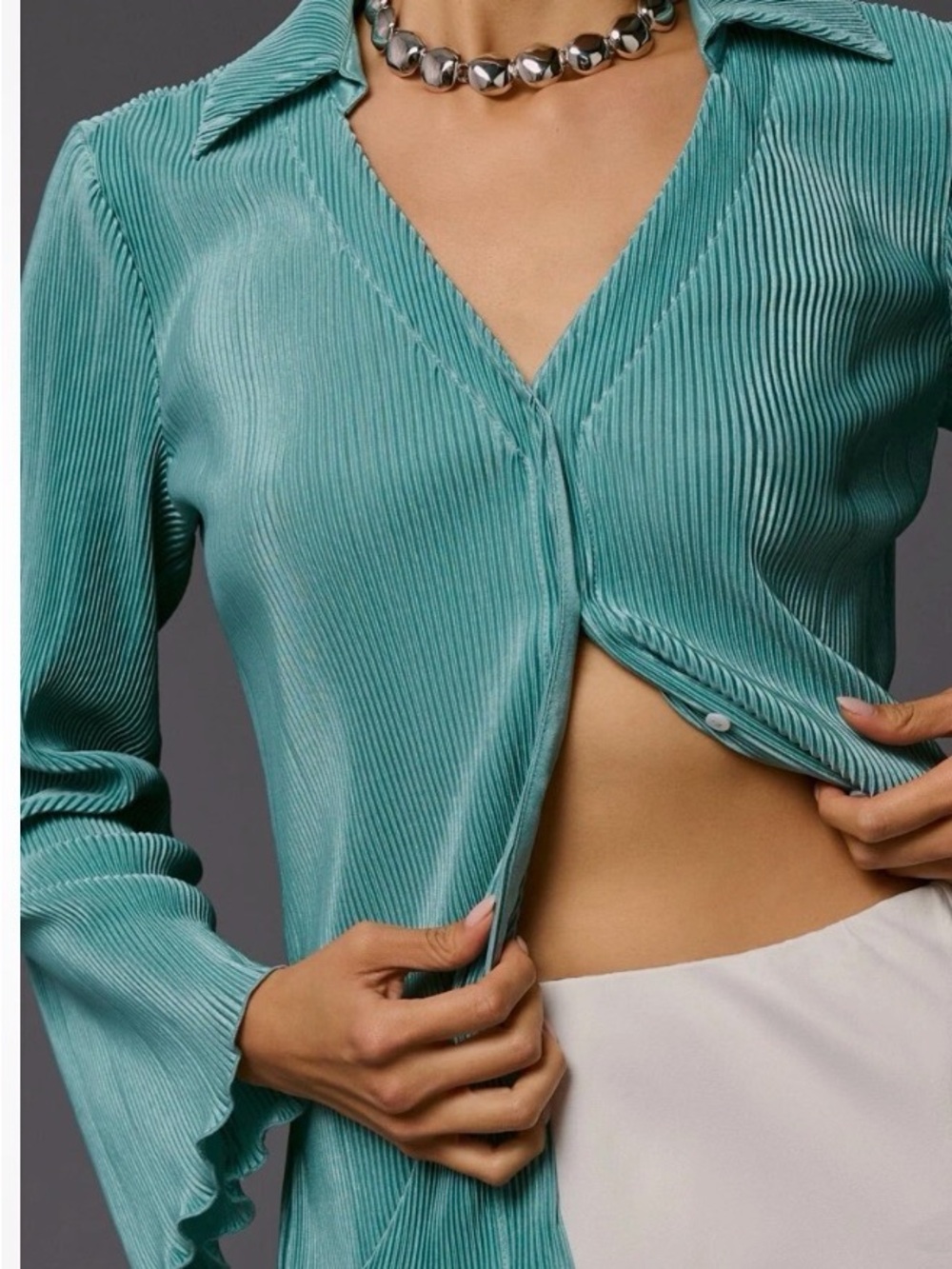 Dolan Lettuce Hem Buttondown Top Medium Turquoise Crinkle Pleated Anthropologie